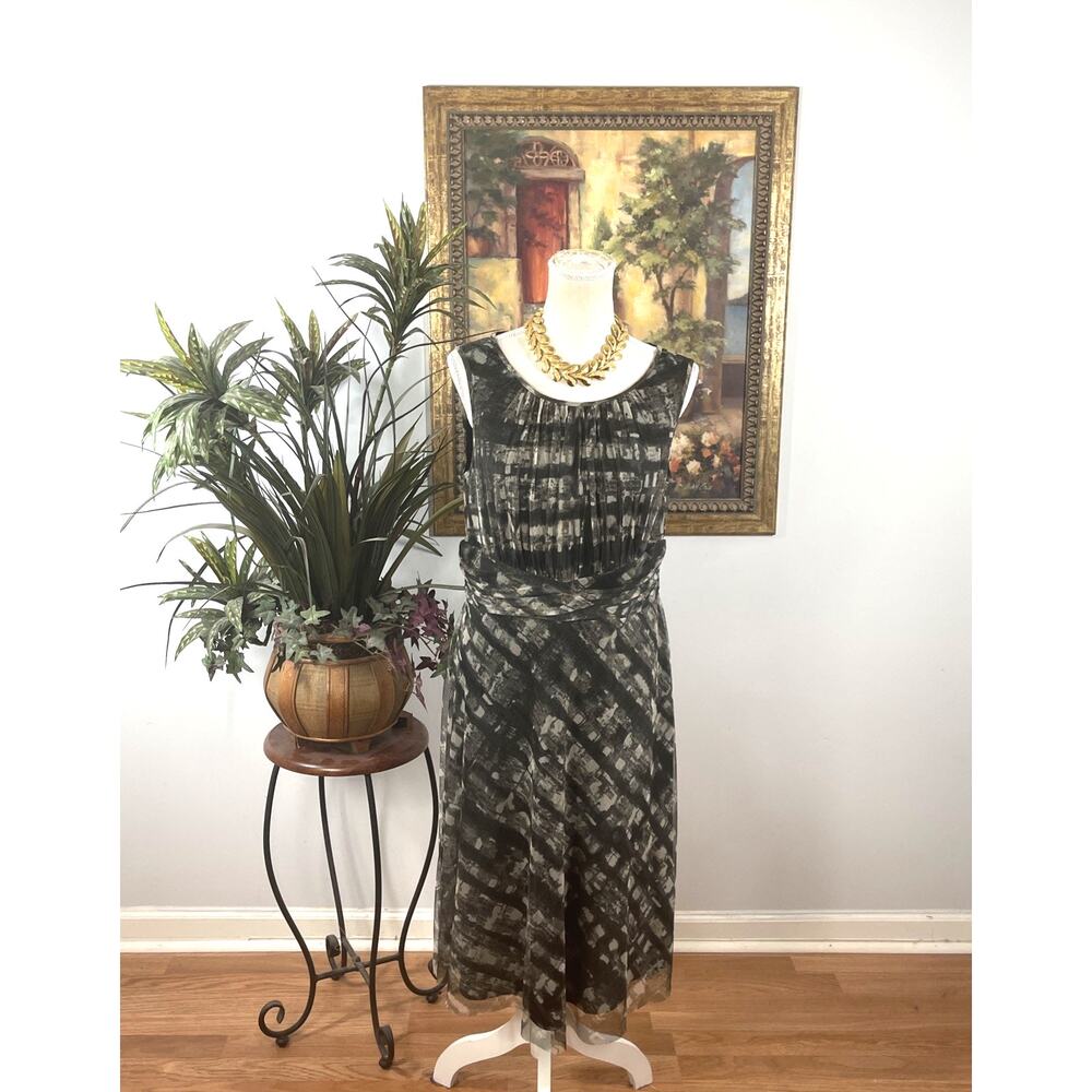 Coldwater Creek M Gray Black Mesh Midi Dress Sleeveless Ruched Lined Stretch